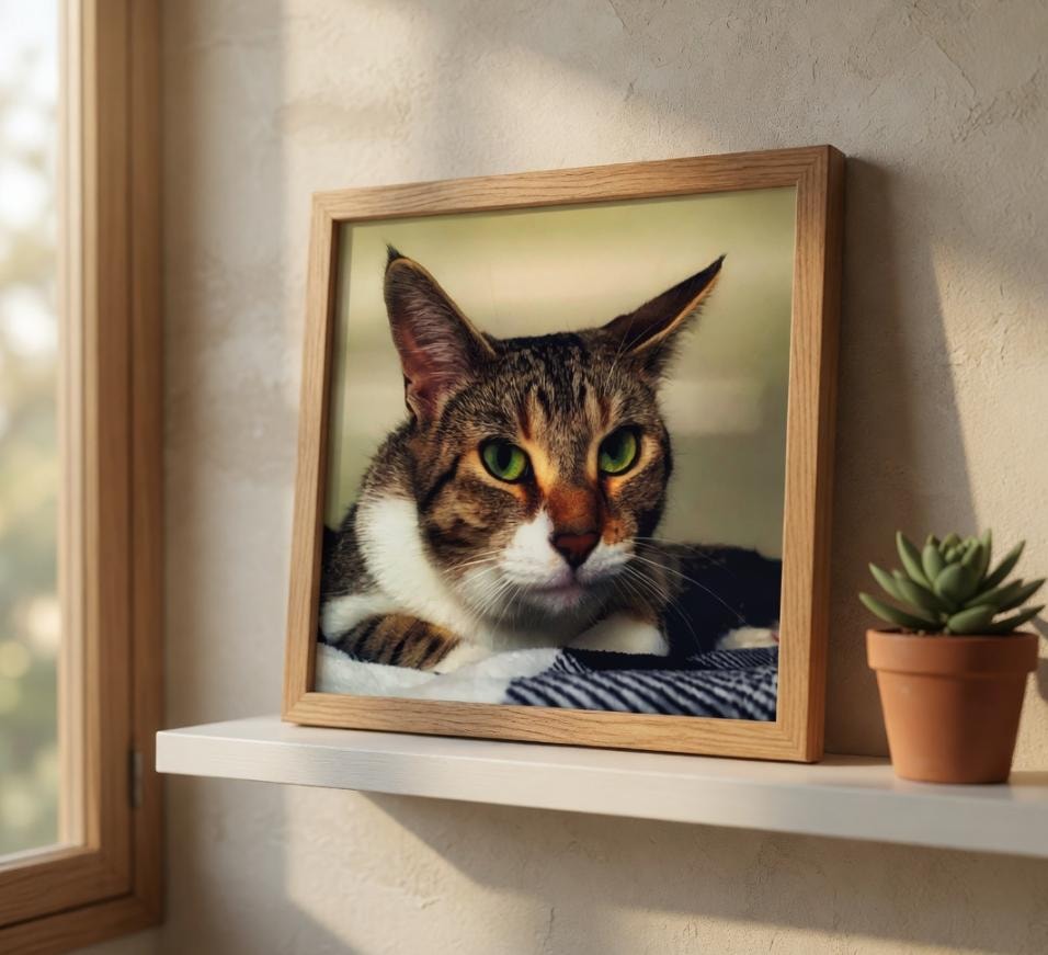 Atelier Lens LLC cat portrait displayed as a framed fine art print on a shelf in a home