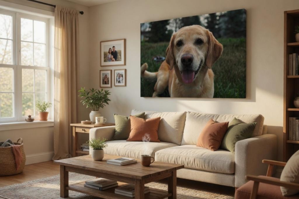 Atelier Lens LLC golden lab pet portrait displayed as a large canvas print above a sofa in a warm living room