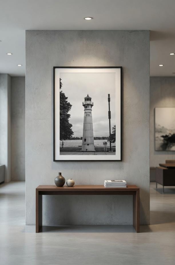 Atelier Lens LLC MC lighthouse black and white print displayed as a large framed piece in a modern hallway