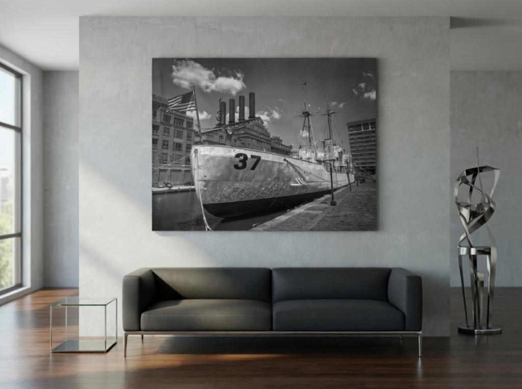 Atelier Lens LLC historic ship black and white canvas print displayed in a modern living room