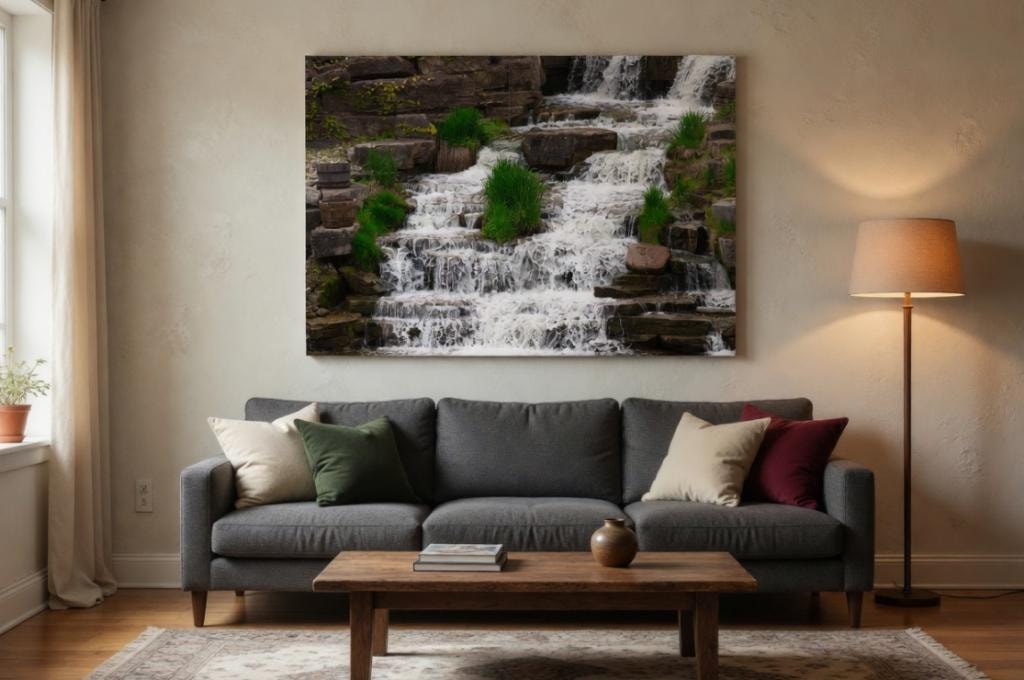 Atelier Lens LLC waterfall nature print displayed as a large canvas above a sofa in a living room