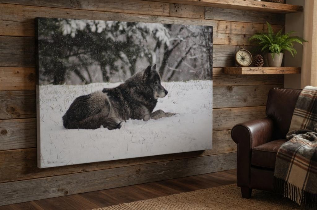 Atelier Lens LLC wolf in snow wildlife canvas print displayed on a rustic wood wall beside a leather chair