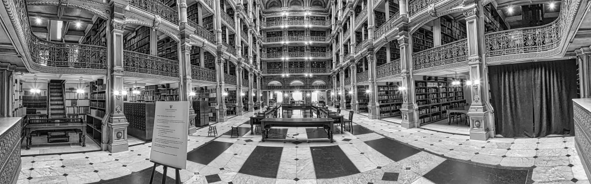 Johns Hopkins University library ornate ceiling — B&W architectural fine art photography
