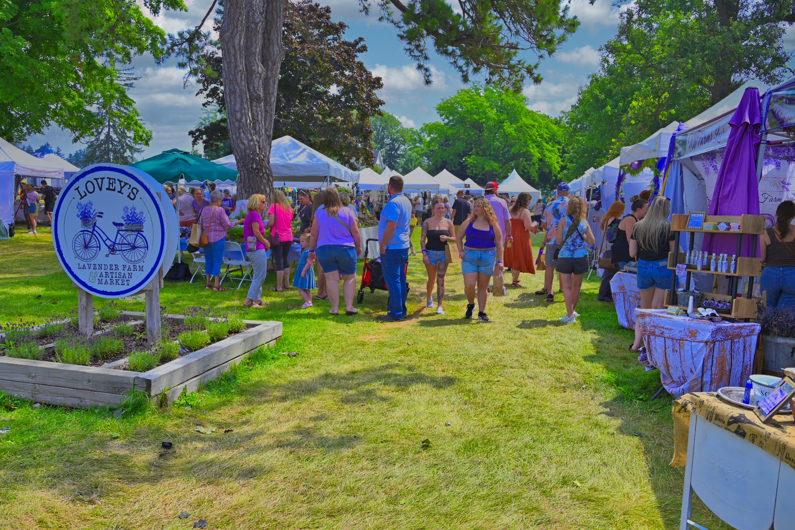Lovey's Lavender Farm & Artisan Market sign at the entrance to a busy outdoor vendor market with rows of white canopy tents and festival crowds browsing artisan goods at Blake's Lavender Festival, Blake's Apple Orchard, Armada, Michigan — Michigan event photography by Atelier Lens LLC