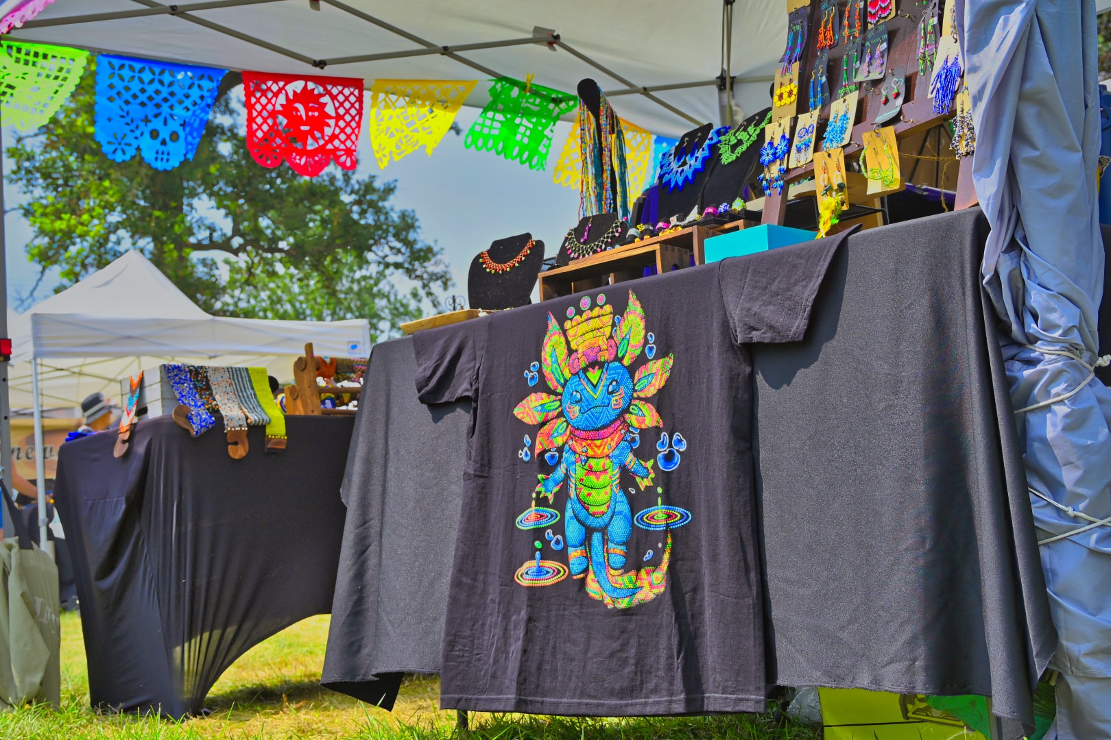 Colorful vendor booth displaying hand-painted art shirts and beaded jewelry at Blake's Lavender Festival at Blake's Apple Orchard in Armada, Michigan — event and product photography by Atelier Lens LLC