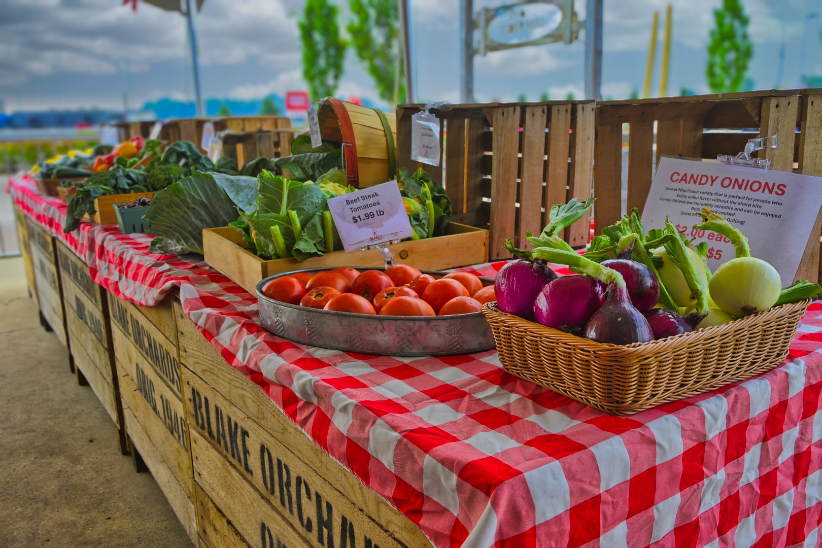 Blake's Orchard farm produce stand displaying fresh beef steak tomatoes, candy onions, leafy greens, and seasonal vegetables on red-and-white checkered tablecloths over Blake Orchards branded wooden crates — commercial retail and event photography, Armada, Michigan by Atelier Lens LLC