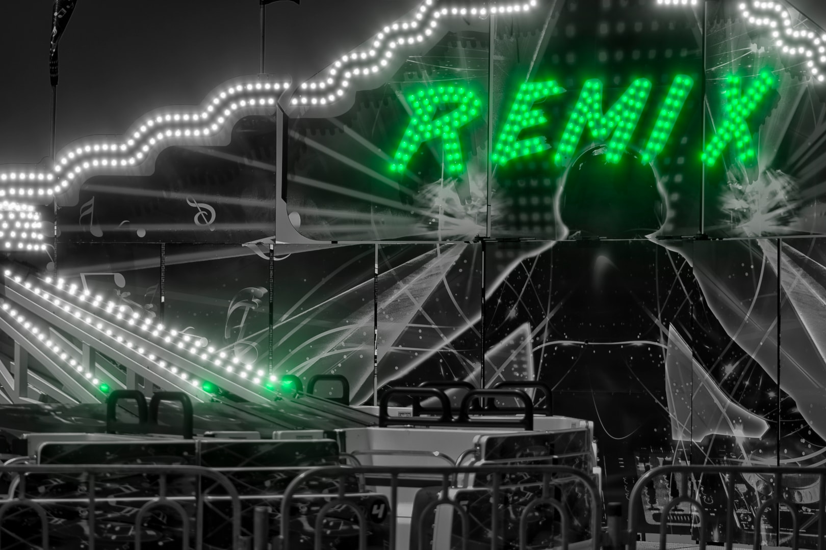 Remix carnival ride in black and white with selective neon green — Signature Modern Vintage edit, event photography Algonac Michigan by Atelier Lens LLC