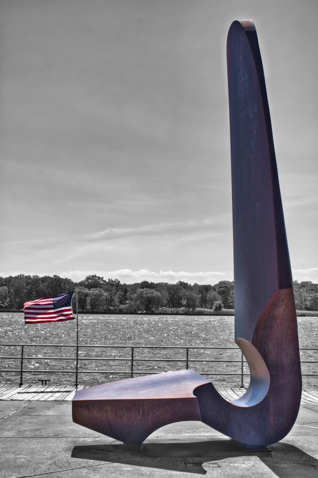 Algonac anchor sculpture at the waterfront in black and white — St. Clair County Michigan landmark photography by Atelier Lens LLC