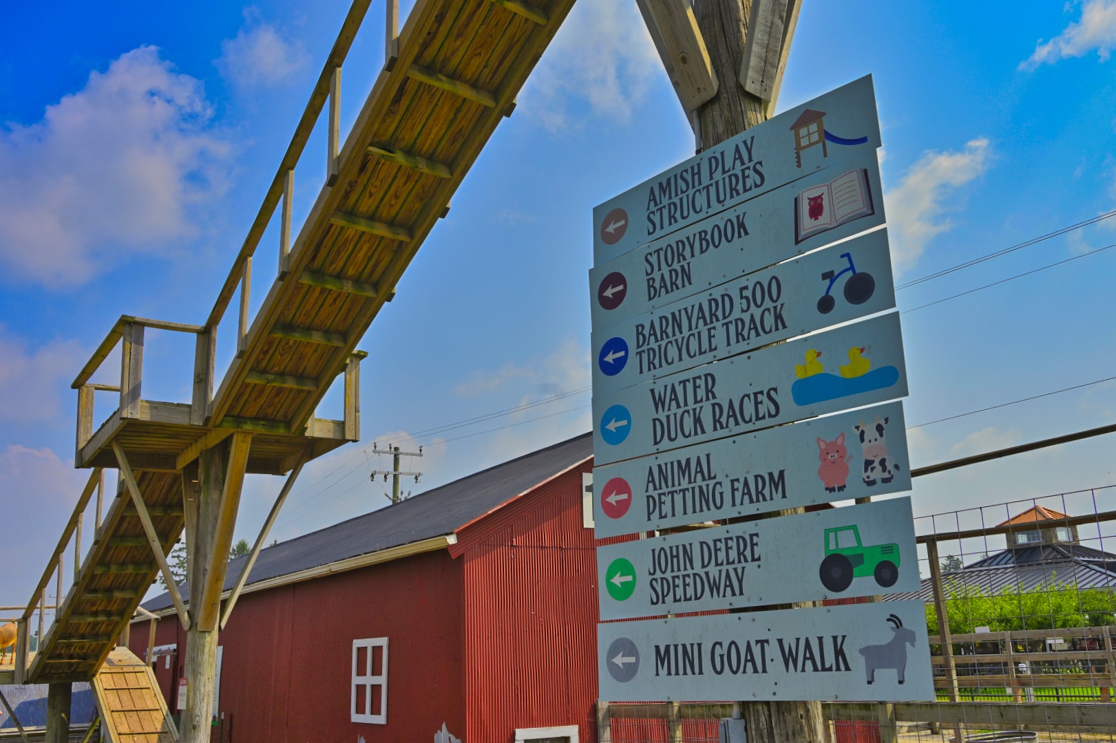 Blake's Apple Orchard wayfinding sign listing Amish Play Structures, Storybook Barn, Barnyard 500 Tricycle Track, Water Duck Races, Animal Petting Farm, John Deere Speedway, and Mini Goat Walk — commercial signage and property photography, Armada, Michigan by Atelier Lens LLC