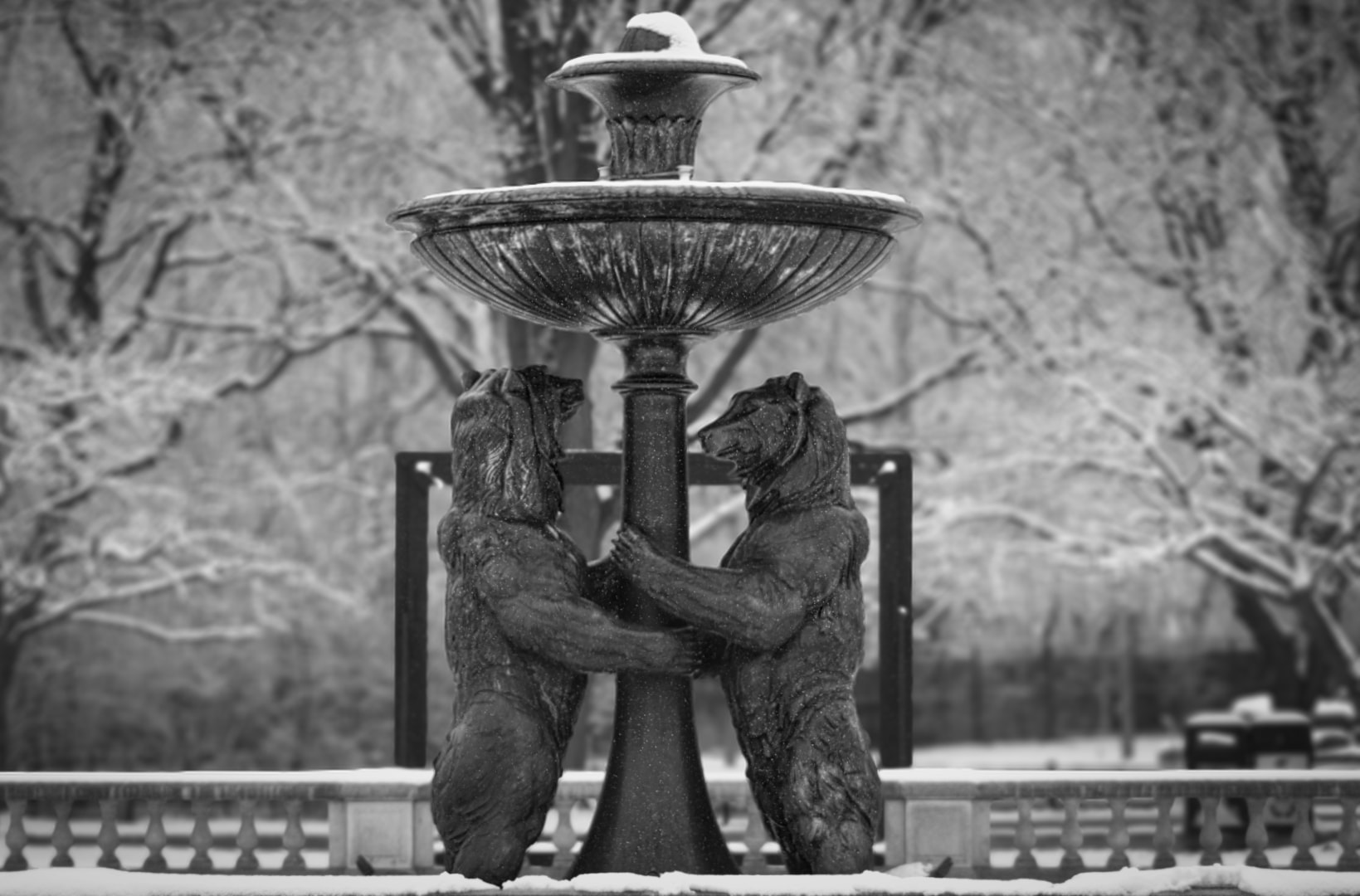 Detroit Zoo bear fountain sculpture in black and white winter photography — Michigan fine art by Atelier Lens LLC