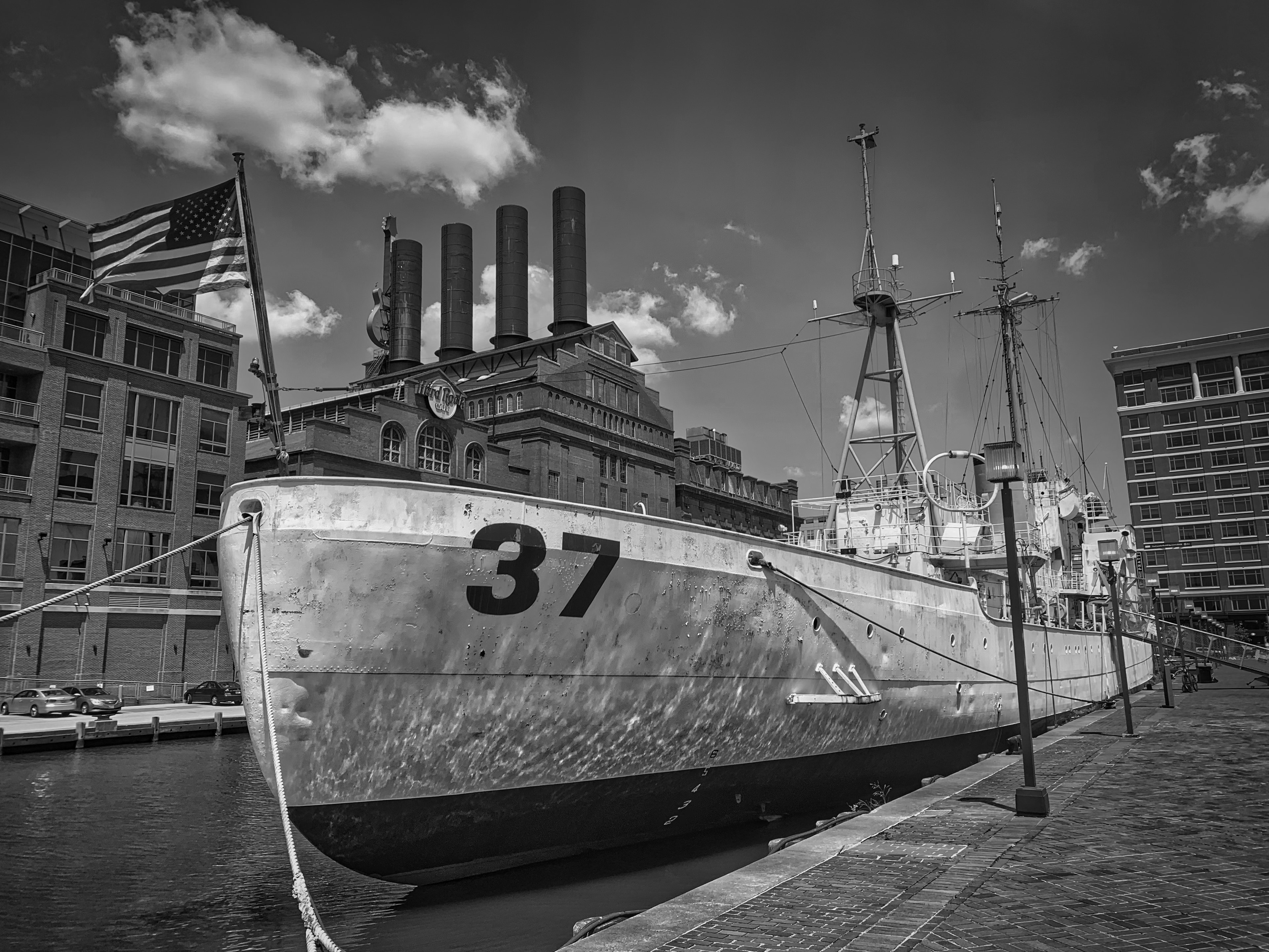 Historic tall ship in harbor black and white fine art photography — landmark photography by Atelier Lens LLC Michigan