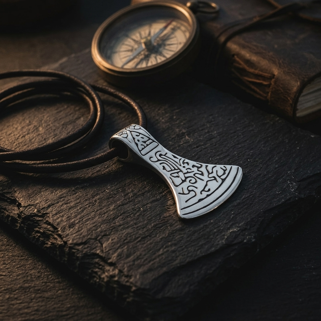 Ornate axe pendant on leather cord with vintage compass and journal — styled jewelry product photography Michigan, e-commerce jewelry photographer Atelier Lens LLC