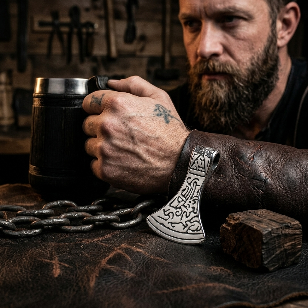 Bearded craftsman holding ornate axe pendant with drinking vessel — lifestyle jewelry product photography New Baltimore Michigan by Atelier Lens LLC