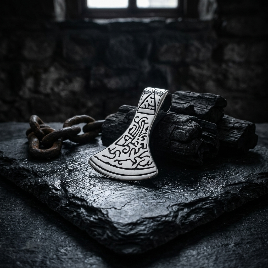 Celtic axe pendant on dark stone with moody lighting — studio jewelry product photography Michigan, e-commerce sparkle enhancement by Atelier Lens LLC