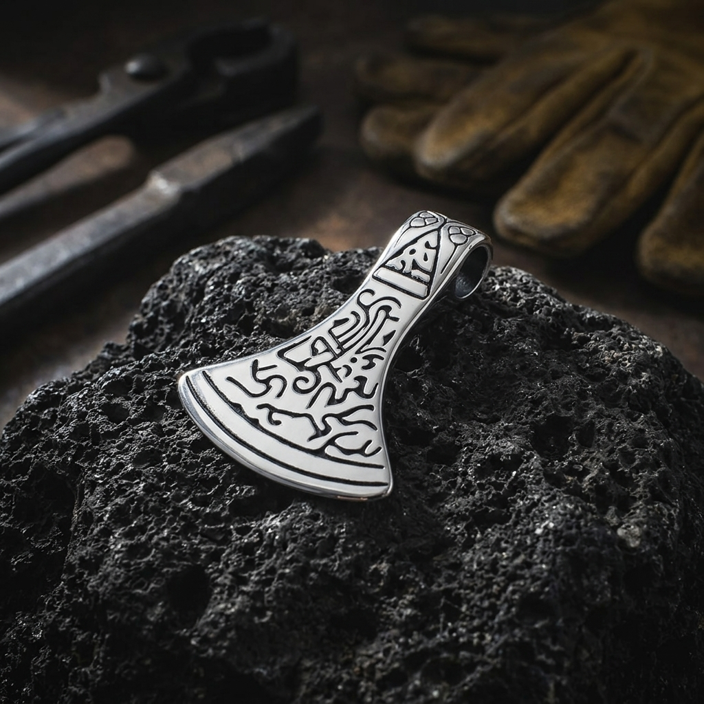 Celtic axe pendant on volcanic rock with tools and leather gloves — studio product photography Michigan, Atelier Lens LLC jewelry photographer