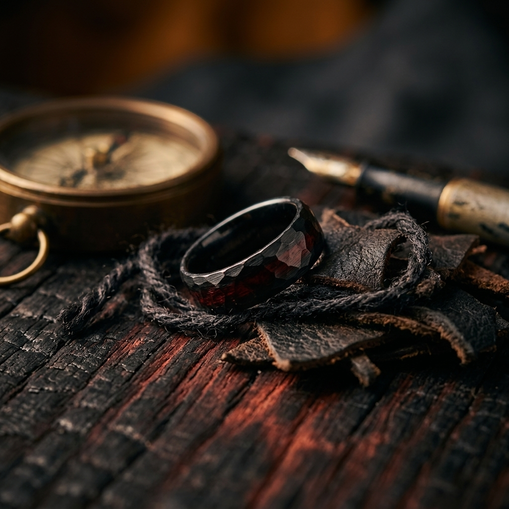 Men's dark ring on charred wood with compass and leather — studio product photography Michigan, jewelry e-commerce photographer Atelier Lens LLC