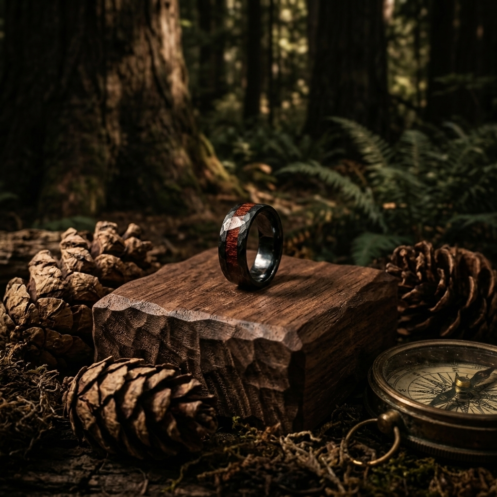 Men's wood and metal ring on forest log with pine cones and compass — lifestyle jewelry product photography Michigan by Atelier Lens LLC