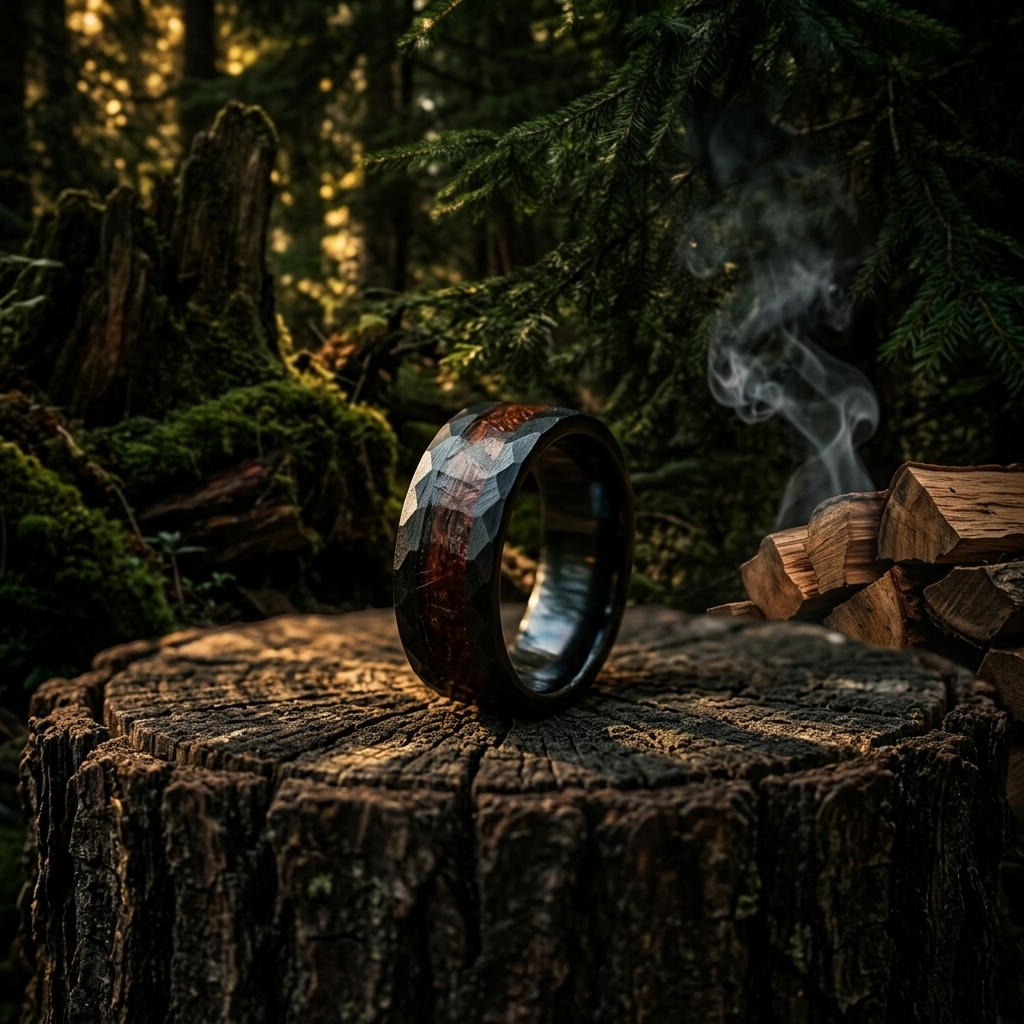 Men's hammered wood inlay ring on forest stump with campfire smoke — e-commerce jewelry photography New Baltimore Michigan by Atelier Lens LLC