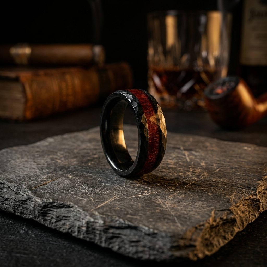 Men's hammered wood and metal ring on slate with whiskey glass and vintage books — commercial jewelry product photography Michigan by Atelier Lens LLC