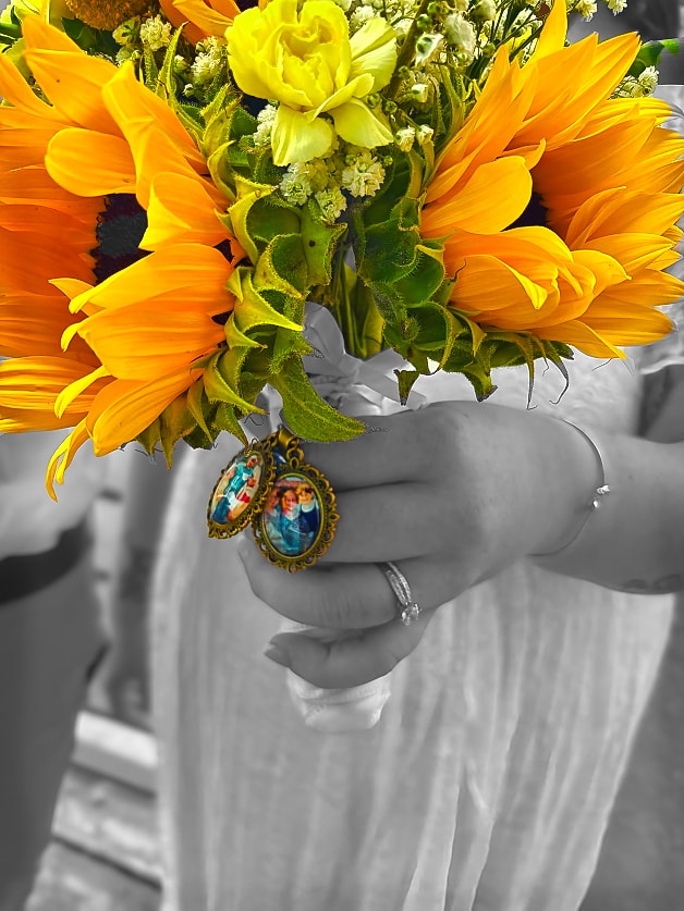 Sunflower bridal bouquet with memorial charms — natural light wedding photography by Atelier Lens LLC
